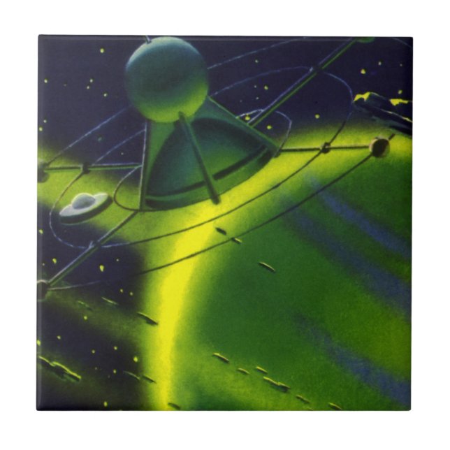 Carreau Science-fiction vintage Planète verte avec vaissea (Devant)