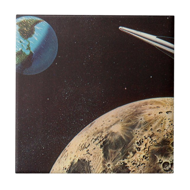 Carreau Science-fiction vintage, vaisseau spatial au-dessu (Devant)