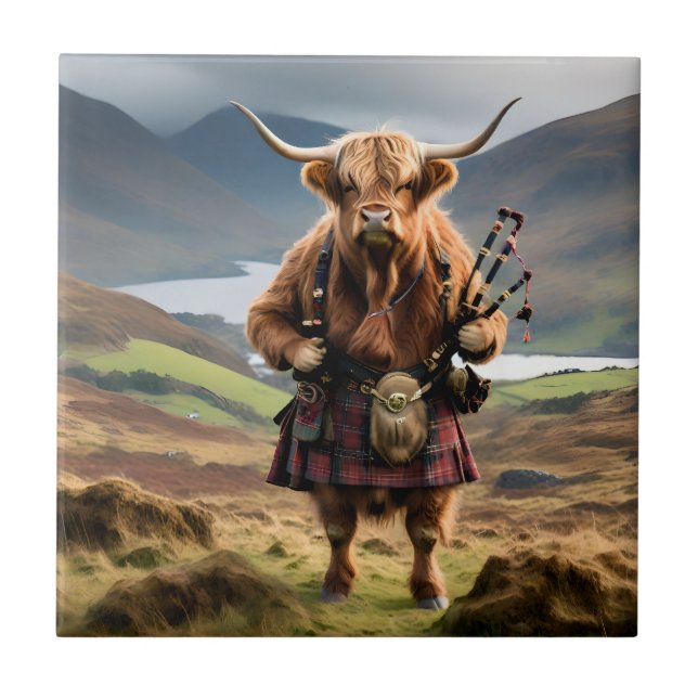 Carreau Scottish Highland Cow Bagpiper,  (Devant)