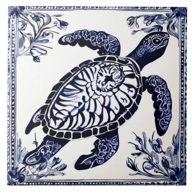 Carreau Sea Turtle Navy Blue and White Ocean Beach House (Devant)