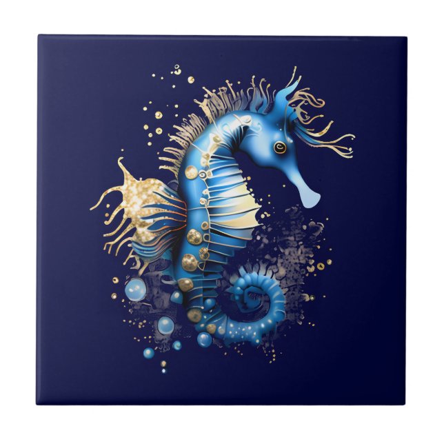 Carreau Seahorse 3D bleu marine imaginaire plage chic (Devant)