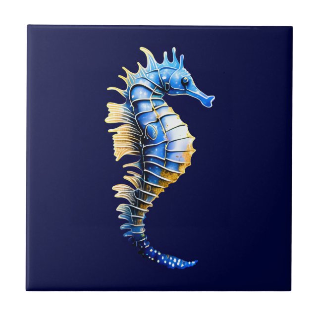 Carreau Seahorse 3D bleu or nautique marine chic aquatique (Devant)