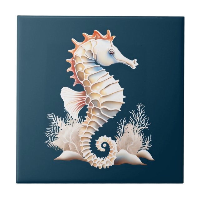 Carreau Seahorse marine poisson 3D bleu orange thème plage (Devant)