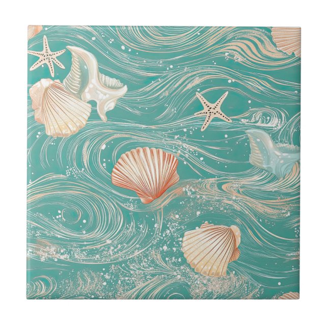 Carreau Seashells and Ocean Waves Pattern (10) (Devant)