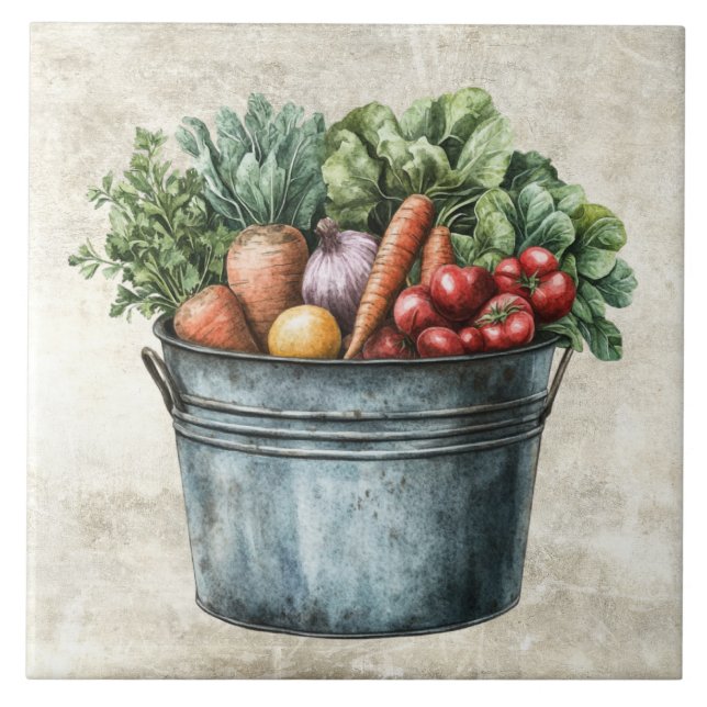 Carreau Seau rustique plein de légumes  (Devant)