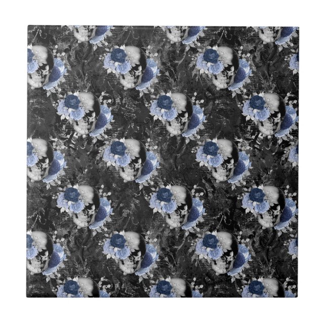 Carreau Série Blue Floral Skull Design 1   (Devant)