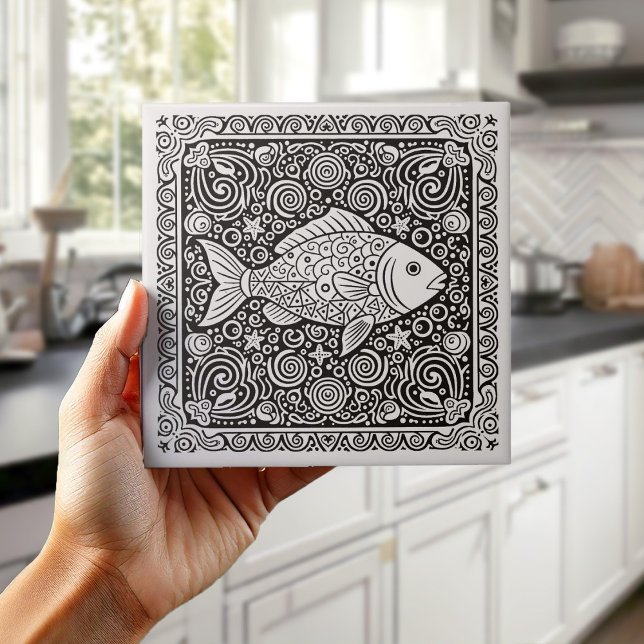 Carreau Série de la vie côtière Poisson N&B D1208 (Créateur téléchargé)