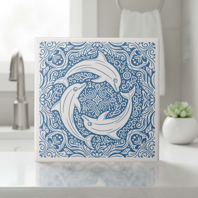 Carreau Série Trois Dauphins Bleu Vie Côtière ID1208 (Créateur téléchargé)