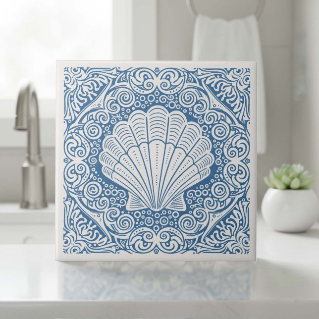 Carreau Série Vie Côtière Coquille de Saint-Jacques Bleue  (Créateur téléchargé)