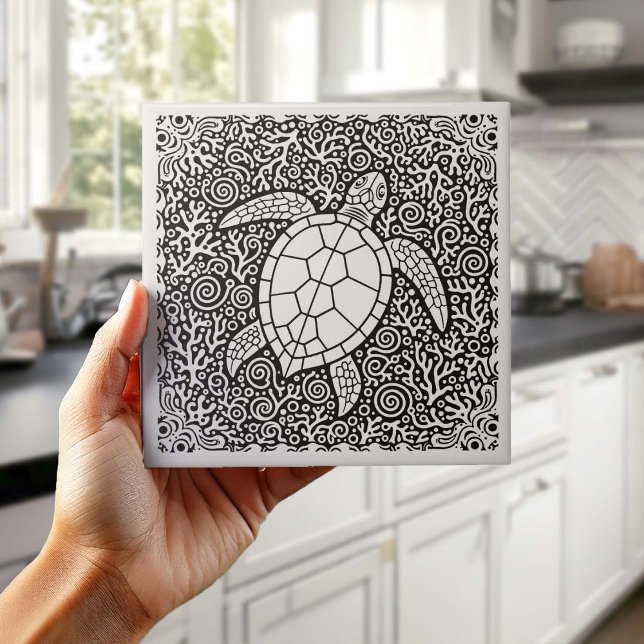 Carreau Série Vie Côtière Tortue B & W D1208 (Créateur téléchargé)