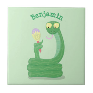 Carreau Serpent vert drôle avec maracas de dessin animé