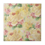 Carreau Shabby Chic Carrelage Floral<br><div class="desc">Des roses jaunes et des marguerites roses ornent ce motif gai ! Des pastels doux sur un arrière - plan de lin légèrement en détresse.</div>