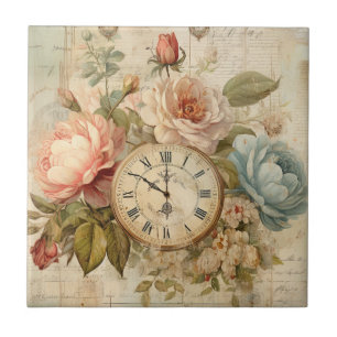 Carreau Shabby Chic Vintage Bleu Rose Floral Horloge