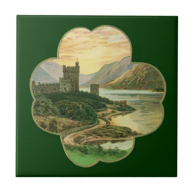 Carreau Shamrock vintage Lucky Gold avec château irlandais (Devant)