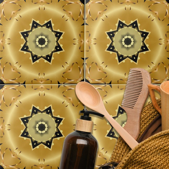 Carreau Shiny Chic Elegant Or et Black Star Arabesque (Créateur téléchargé)