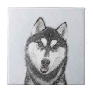Carreau Sibérie Husky (noir et blanc) Peinture Chien Art