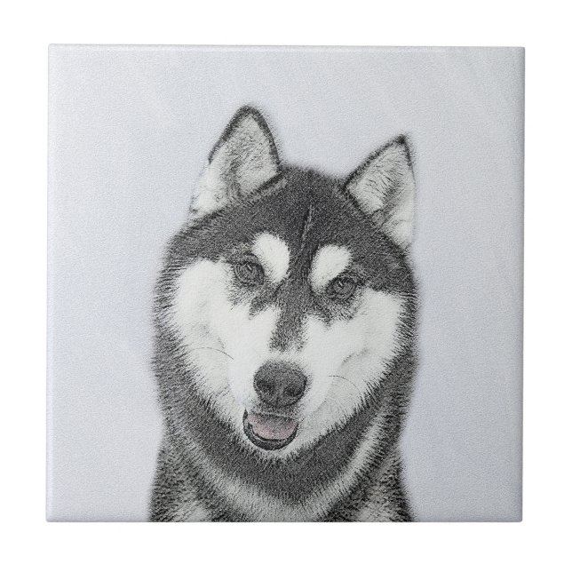 Carreau Sibérie Husky (noir et blanc) Peinture Chien Art (Devant)
