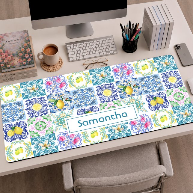 Carreau sicilien bleu blanc chic motif citron (Créateur téléchargé)