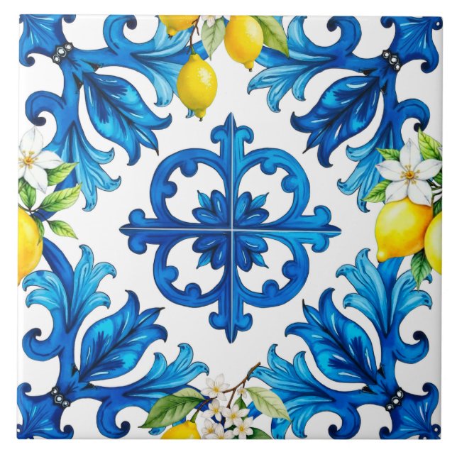 Carreau sicilien, été, citron, mosaïque, bleu (Devant)