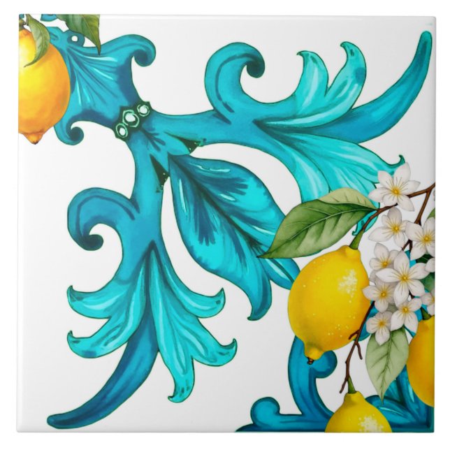 Carreau sicilien, été, citron, mosaïque, bleu, (Devant)