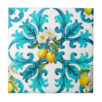 sicilien, été, citron, mosaïque, bleu,