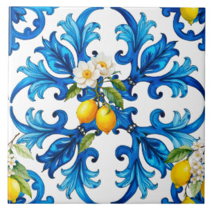Carreau sicilien, été, citron, mosaïque, bleu