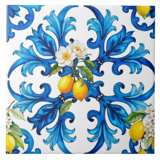 Carreau sicilien, été, citron, mosaïque, bleu (Devant)