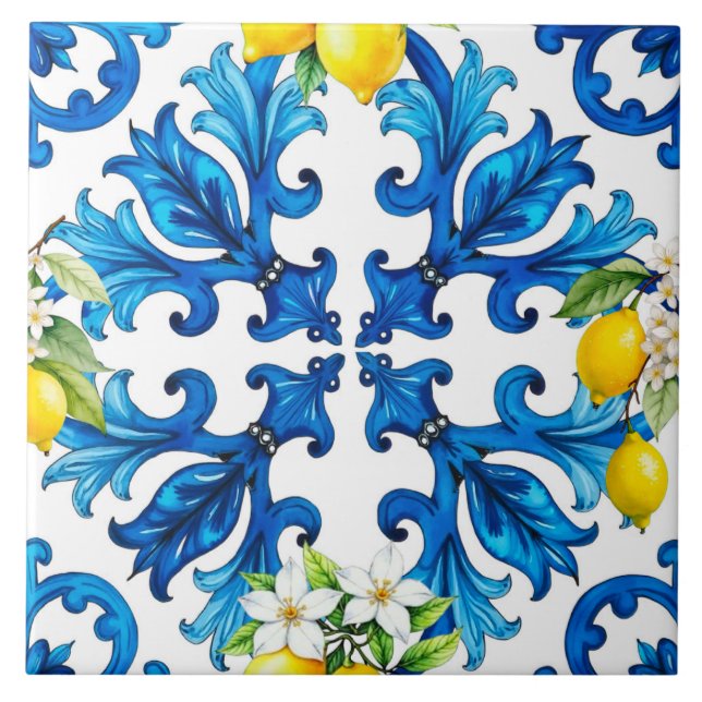 Carreau sicilien, été, citron, mosaïque, bleu (Devant)