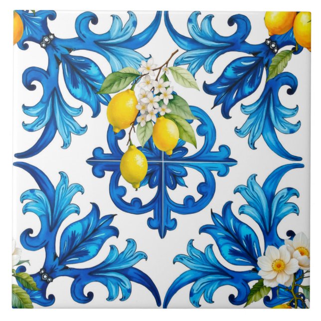 Carreau sicilien, été, citron, mosaïque, bleu (Devant)