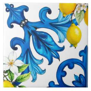 Carreau sicilien, été, citron, mosaïque, bleu
