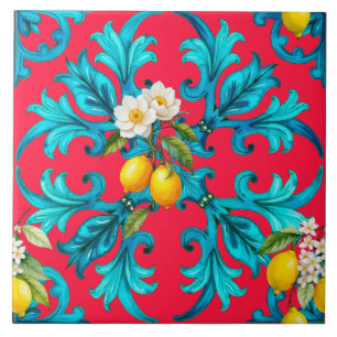 Carreau sicilien, été, citron, mosaïque, rose,