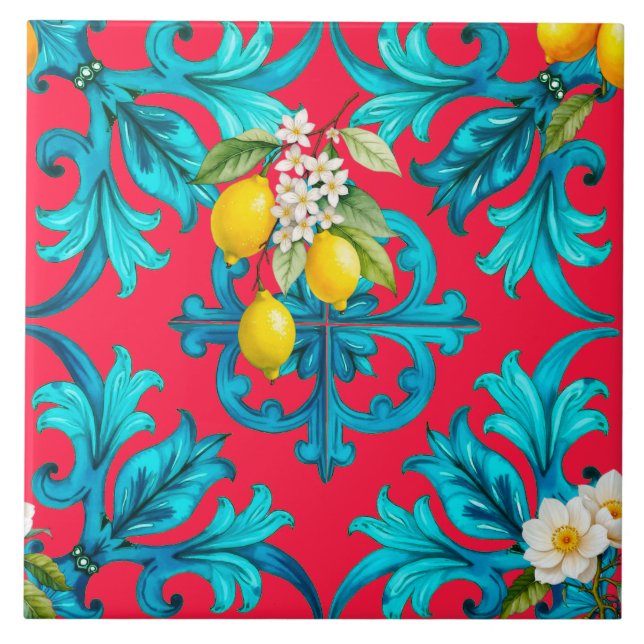 Carreau sicilien, été, citron, mosaïque, rose, (Devant)