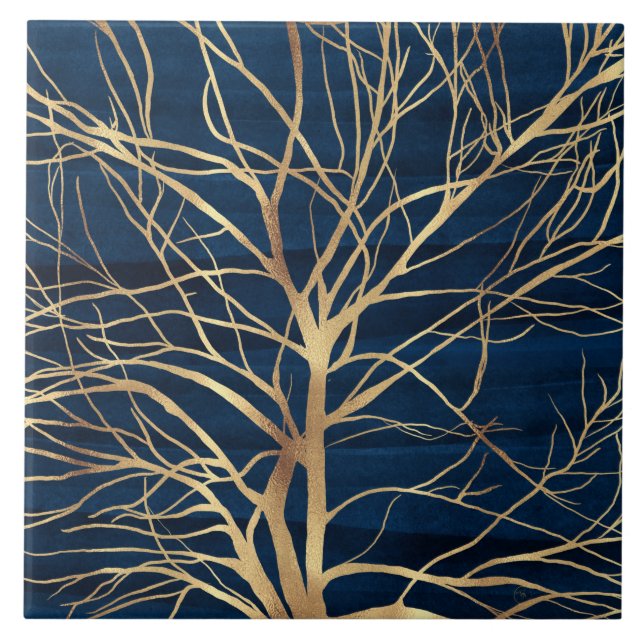 Carreau Silhouette Arbre d'Or moderne Design bleu minimal (Devant)