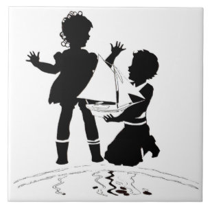 Carreau silhouette de fille et garçon et bateau modèle
