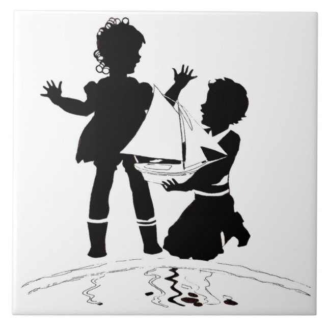 Carreau silhouette de fille et garçon et bateau modèle (Devant)