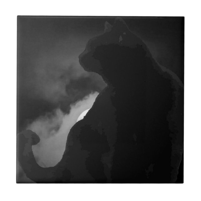 Carreau Silhouette de lune de chats noirs (Devant)