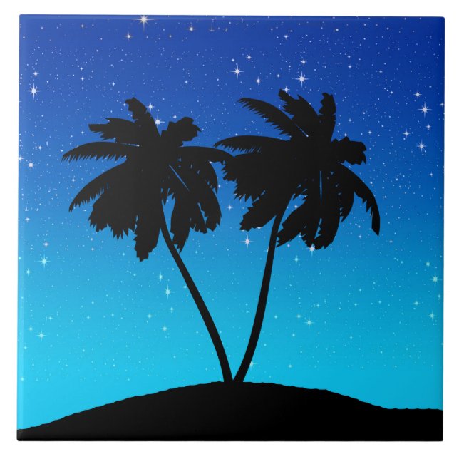 Carreau Silhouette de palmier sur Bleu du soir avec étoile (Devant)