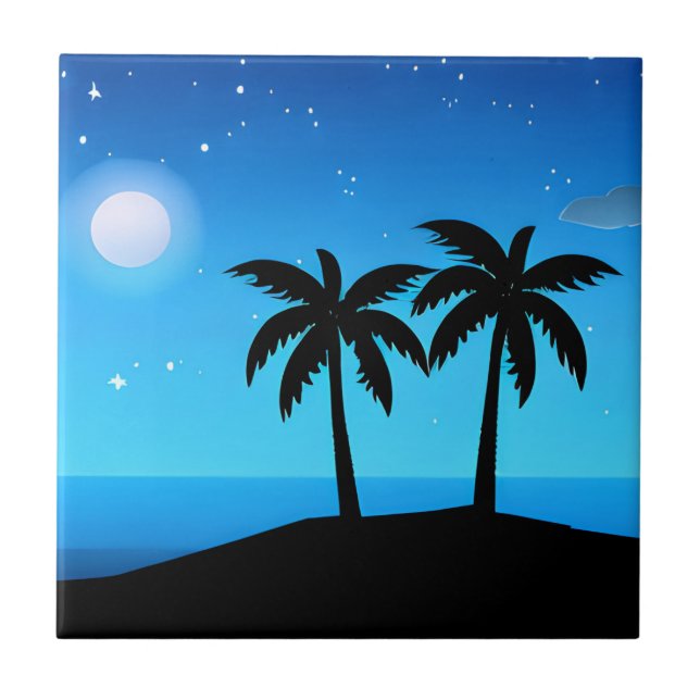 Carreau Silhouette d'île tropicale avec lune et étoiles (Devant)