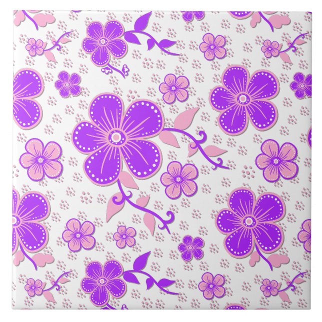 Carreau Simple Impression Florale Aquarelle Violet et Rose (Devant)