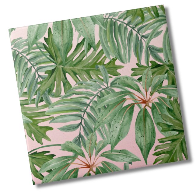Carreau Simple moderne Pink Palm Leaf Tropical Floral (Chic Trendy Stylish Tropical Floral Pink Palm Leaf ceramic tile)