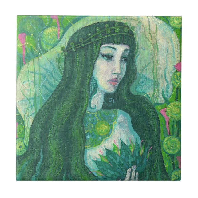 Carreau Sirène à cheveux vert sous l'Imaginaire sous-marin (Devant)