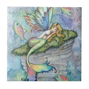 Carreau Sirène colorée et poisson carpe, art fantastique