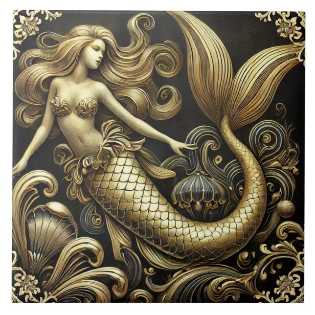 Carreau Sirène dorée baroque éthérée (The complete printed tile design. Tiles sold individually.)