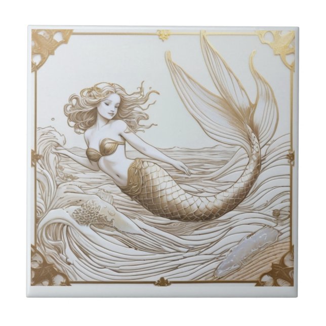 Carreau Sirène or et blanc & Vagues océaniques Face droite (Devant)