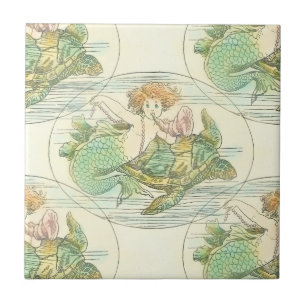 Carreau Sirène vintage avec tortue de mer Motif nautique