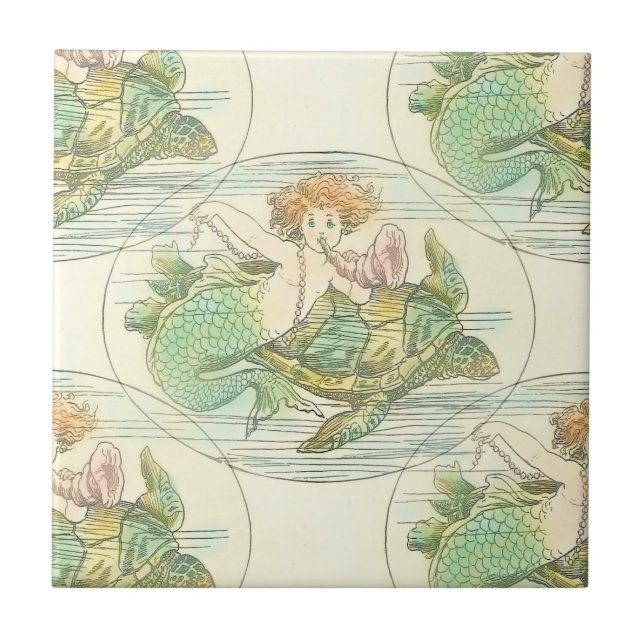 Carreau Sirène vintage avec tortue de mer Motif nautique (Devant)
