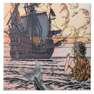 Carreau Sirène vintage En Mer Regardant Un Bateau À Voile