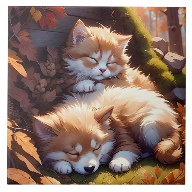 Carreau Sleepy Kitten et Chute de Chiot Feuilles Portrait  (Devant)
