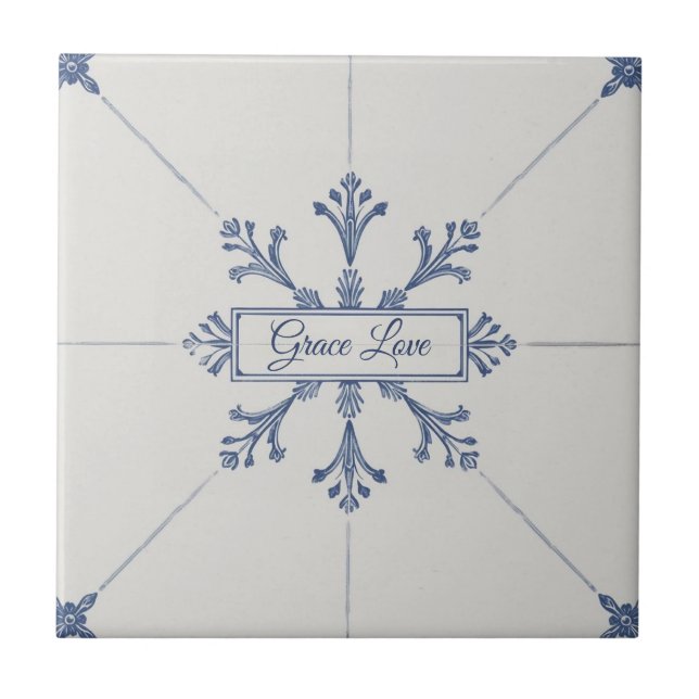 Carreau Snowflake pattern blue & white holiday custom name (Devant)
