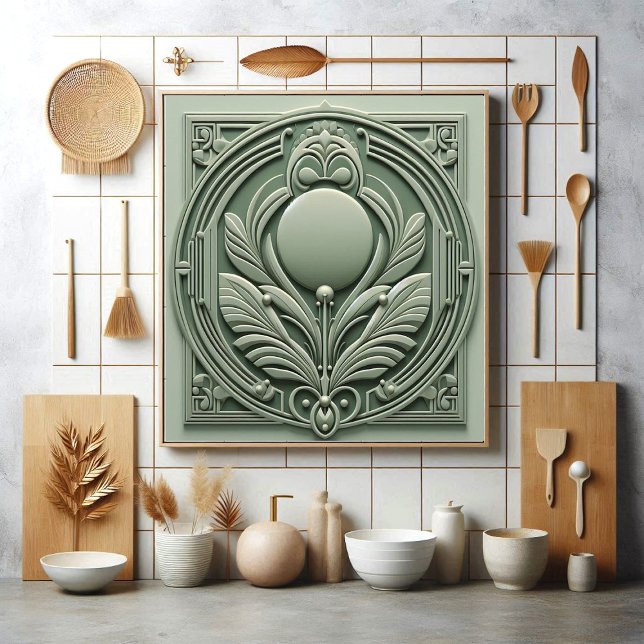 Carreau Soft Sage Green Art Deco Symmetric Botanical Motif (Soft Sage Green Art Deco Symmetric Botanical Motif Ceramic Tile)